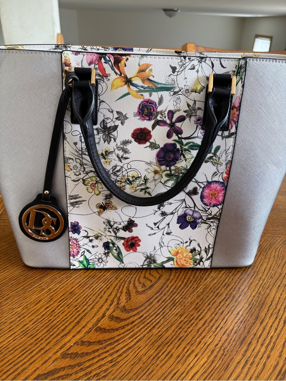 Floral Panel Tote Bag in Light Gray and Multicolor - Designer Style